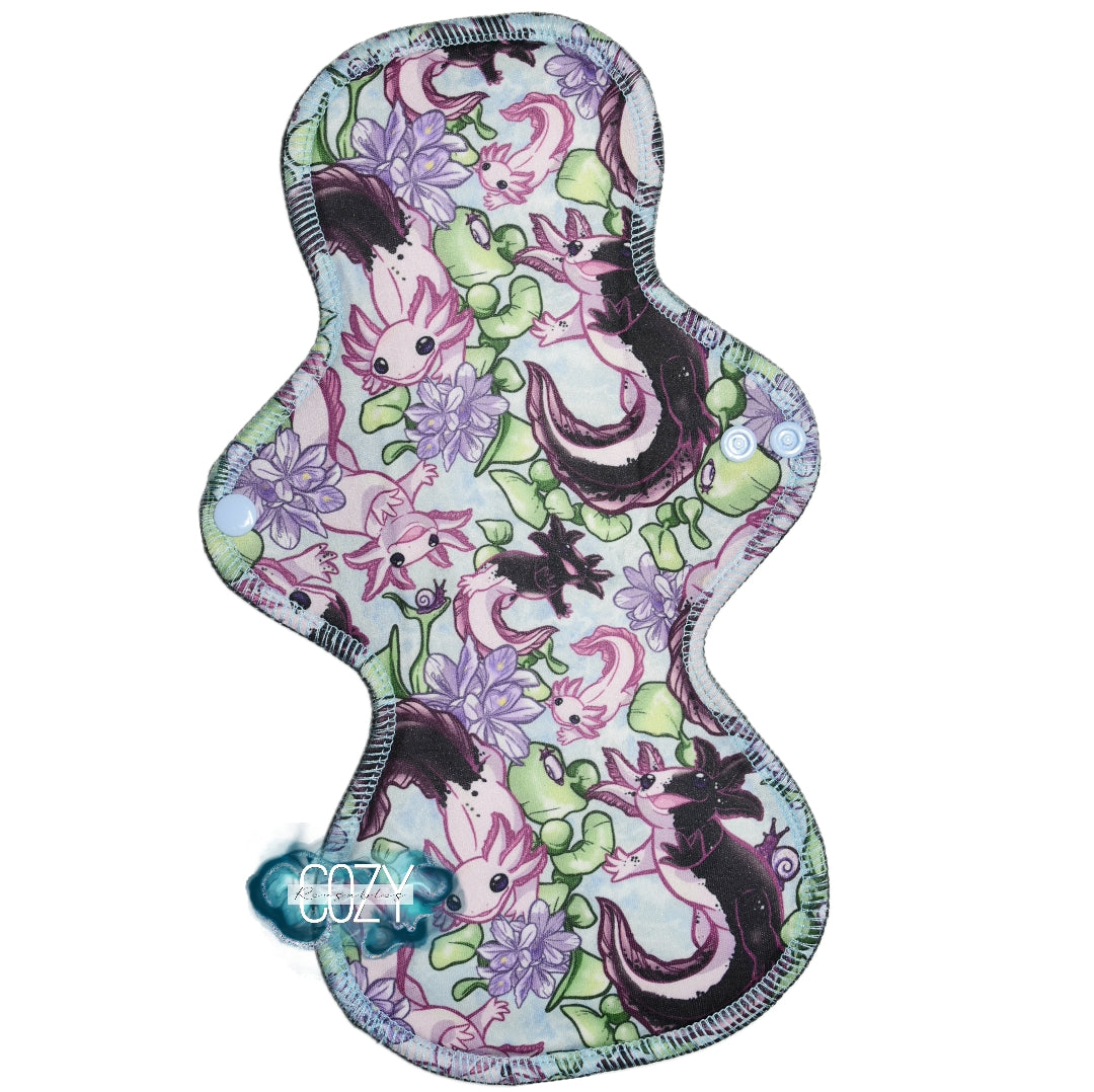 "Wild Axolotls" *MEGA FLARE" Serged Cloth Pad • Pique Topper