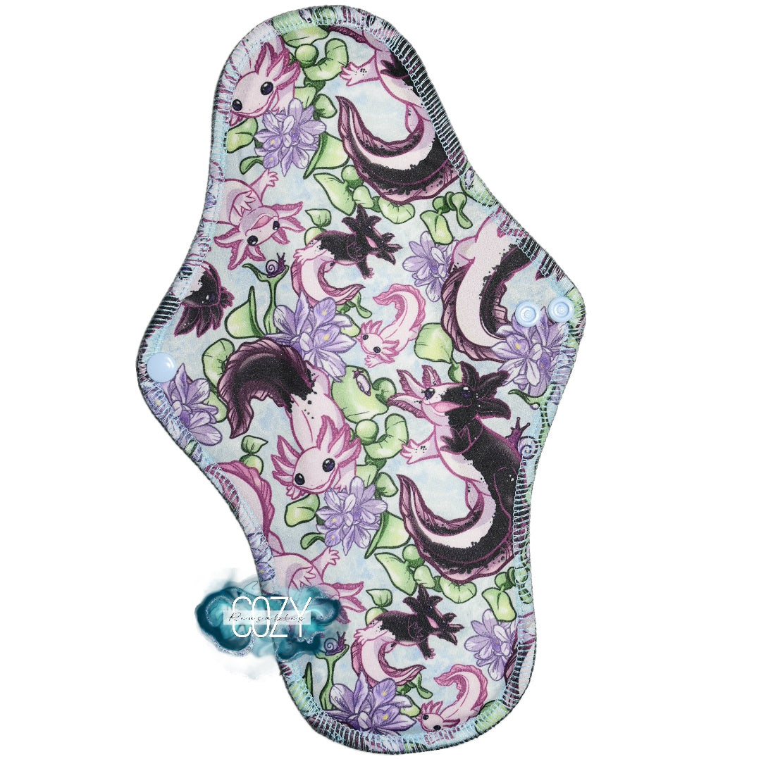 "Wild Axolotls" *WRAP WING* Serged Cloth Pad • Pique Topper