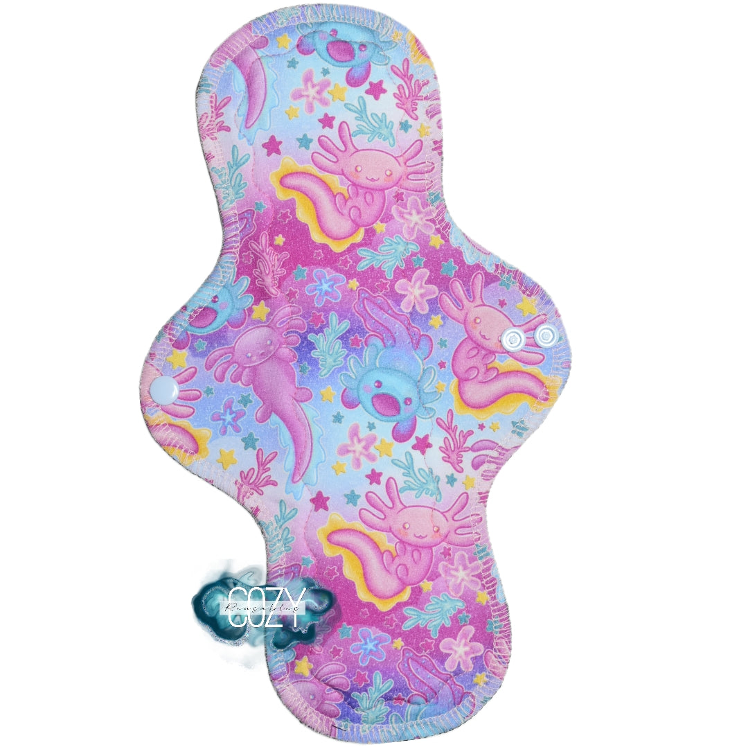 "Pastel Axolotls" Serged Cloth Pad • *New Core Method / NOT HIDDEN CORE* • Ultra Heavy Wide & Thong Options! • Cotton Spandex Topper