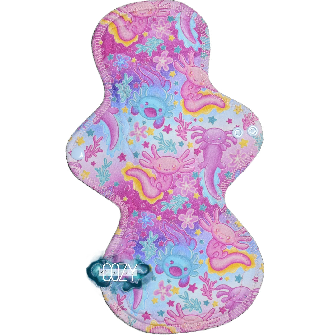 "Pastel Axolotls" *MEGA FLARE* Serged Cloth Pad • *New Core Method / NOT HIDDEN CORE* • Cotton Spandex Topper