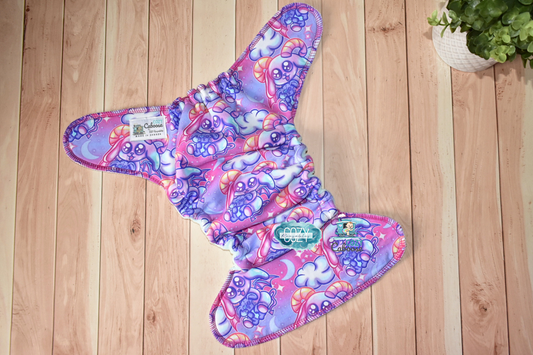 "Ultraviolet Baphomets" Cozy Caboose Snapless Fitted Cloth Diaper • 3 Piece System • Fold Down Rise • Cotton Spandex Outer, Organic Cotton Velour Inner, Hemp Core