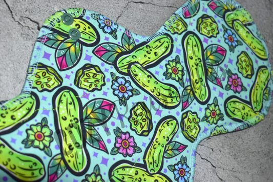 "Traditional Pickles" Basic shaped Serged Cloth Pad • Cotton Spandex Topper • Wavy Stitched Core