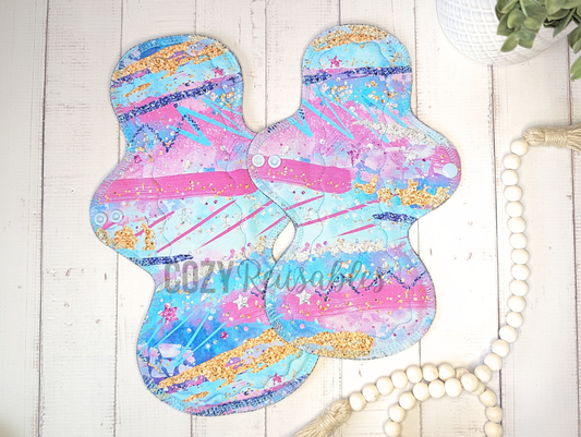 "Glitter Dixie" Mega Flare shaped Serged Cloth Pad •  Cotton French Terry Topper • Wavy Stitched Core