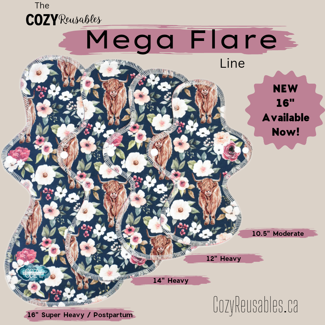 "Kitty & Friends" *MEGA FLARE* Serged Cloth Pad •  Cotton Spandex Topper • Wavy Stitch Core