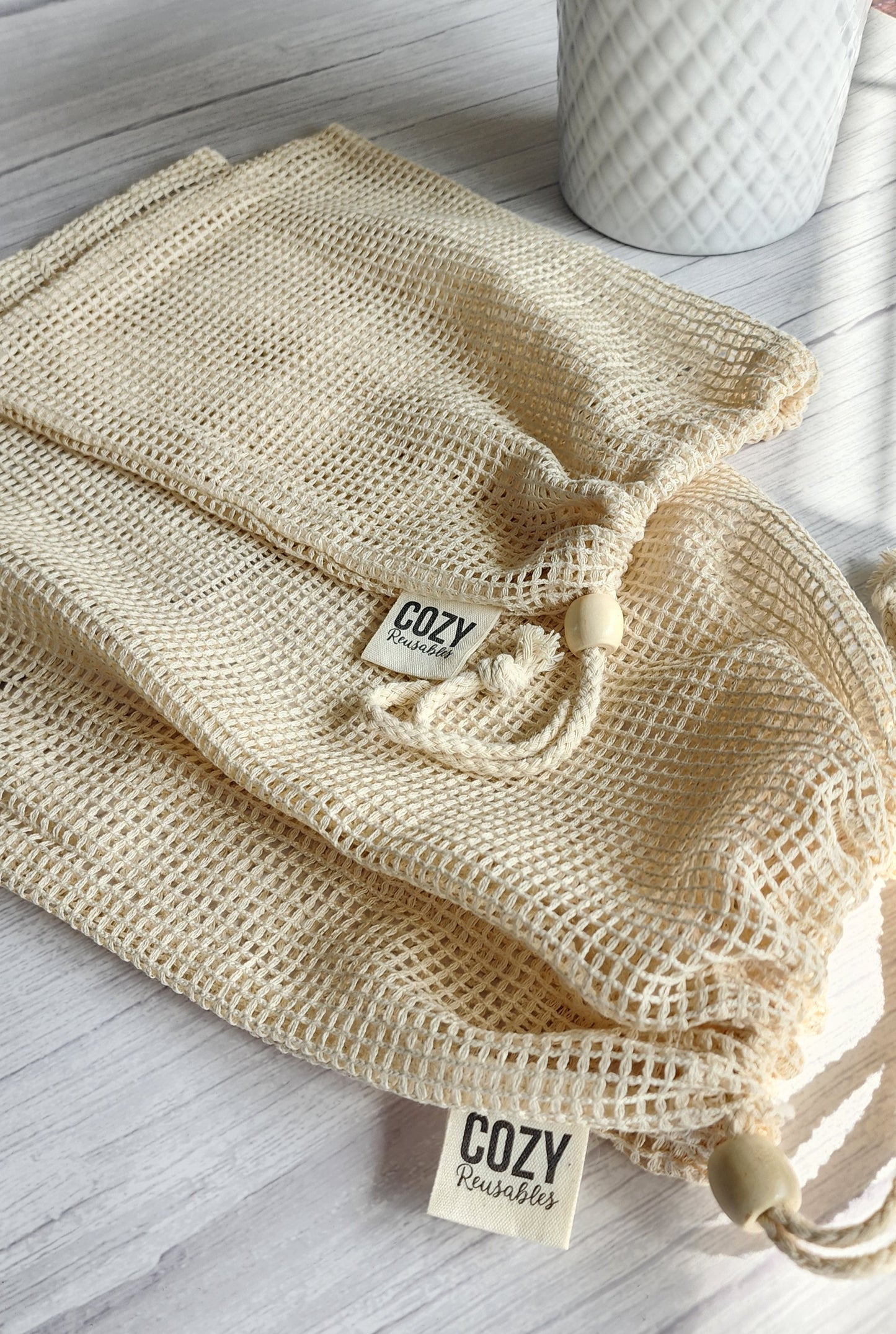 100% Cotton Produce Bags - Small & Large Drawstring Bag with Wooden Bead Closure