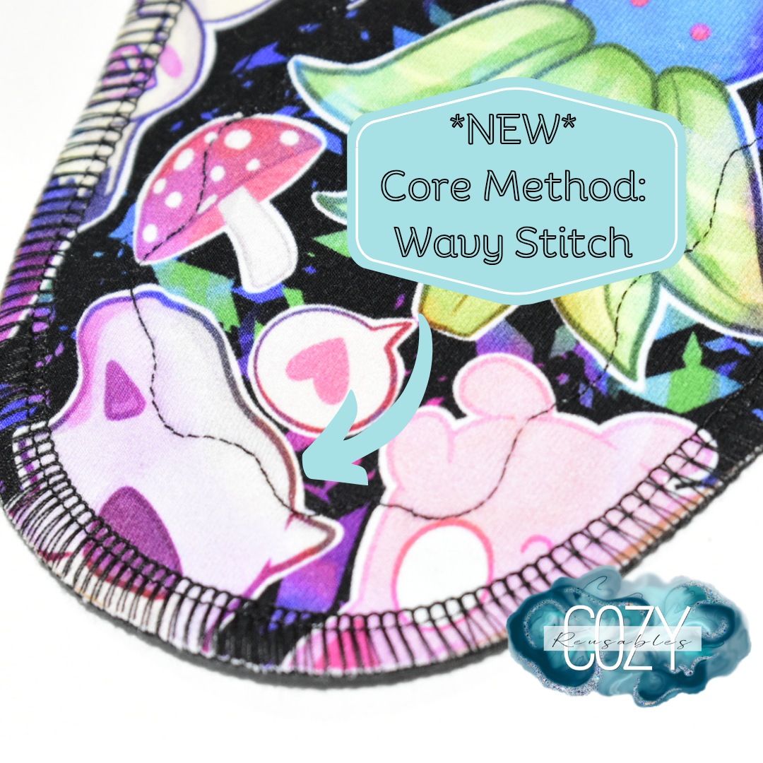 "Kitty & Friends" *MEGA FLARE* Serged Cloth Pad •  Cotton Spandex Topper • Wavy Stitch Core