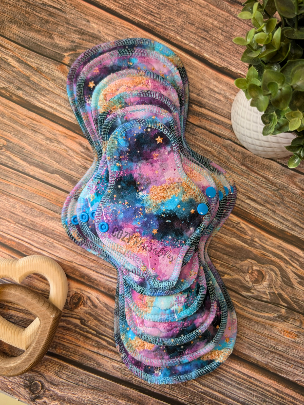 "Cosmic Glitter" Basic shaped Serged Cloth Pad •  Cotton Spandex Topper • Wavy Stitched Core