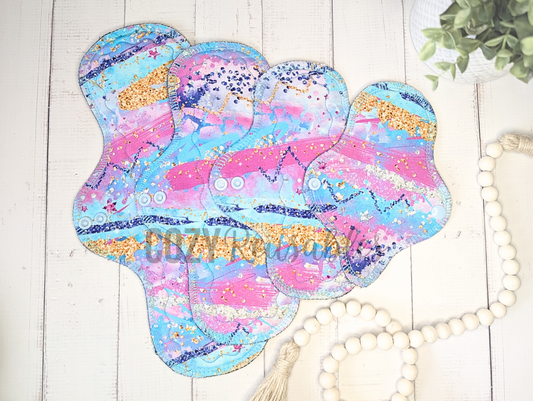 "Glitter Dixie" Basic shaped Serged Cloth Pad •  Cotton French Terry Topper • Wavy Stitched Core