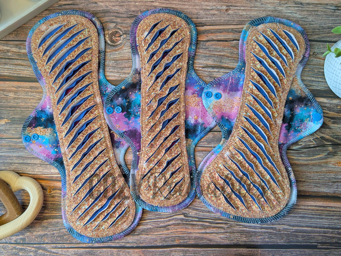 "Cosmic Gold" Exposed Core GUSHER Serged Cloth Pad - Cotton French Terry, Cotton Spandex & Flannel Toppers