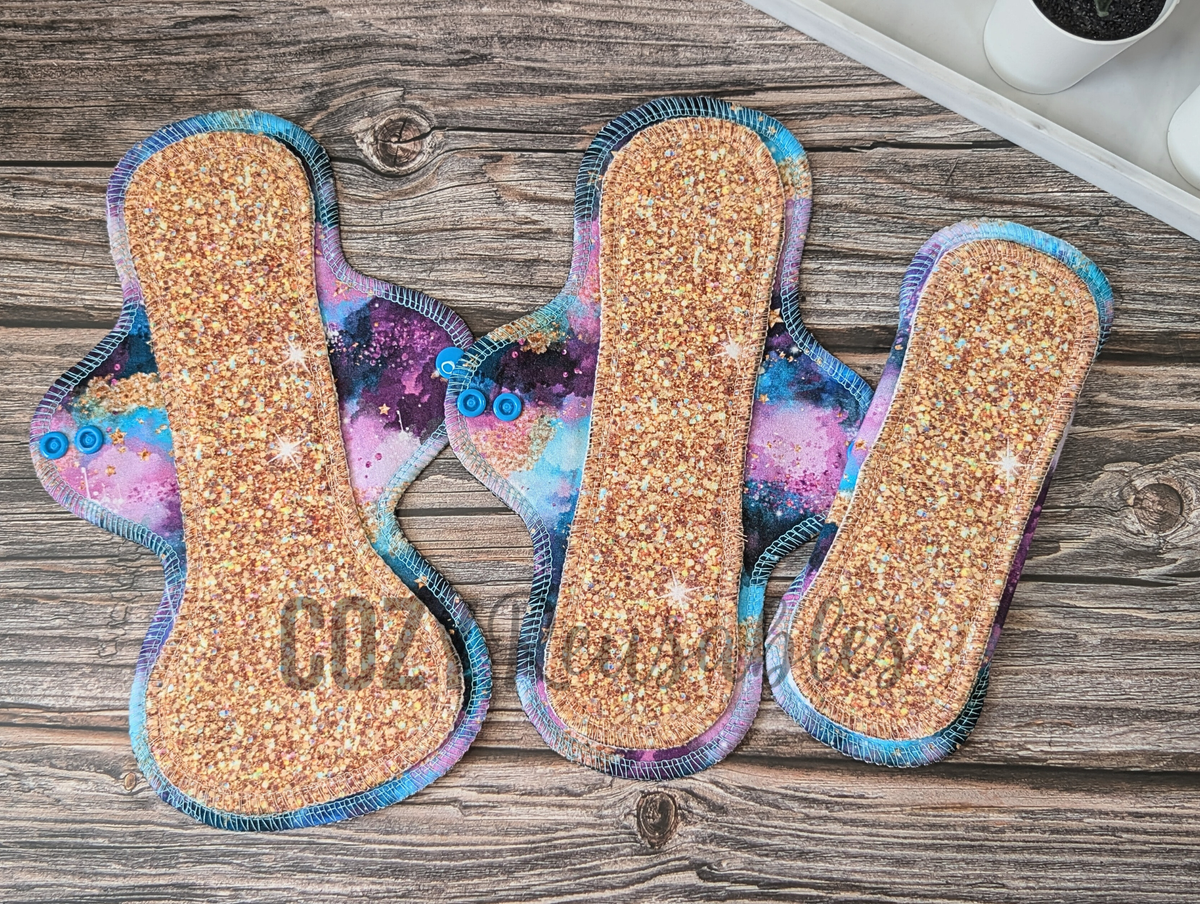 "Cosmic Golden Glitter" Exposed Core Serged Cloth Pad - Cotton French Terry and Cotton Spandex Toppers