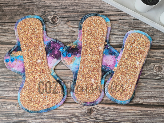 "Cosmic Golden Glitter" Exposed Core Serged Cloth Pad - Cotton French Terry and Cotton Spandex Toppers