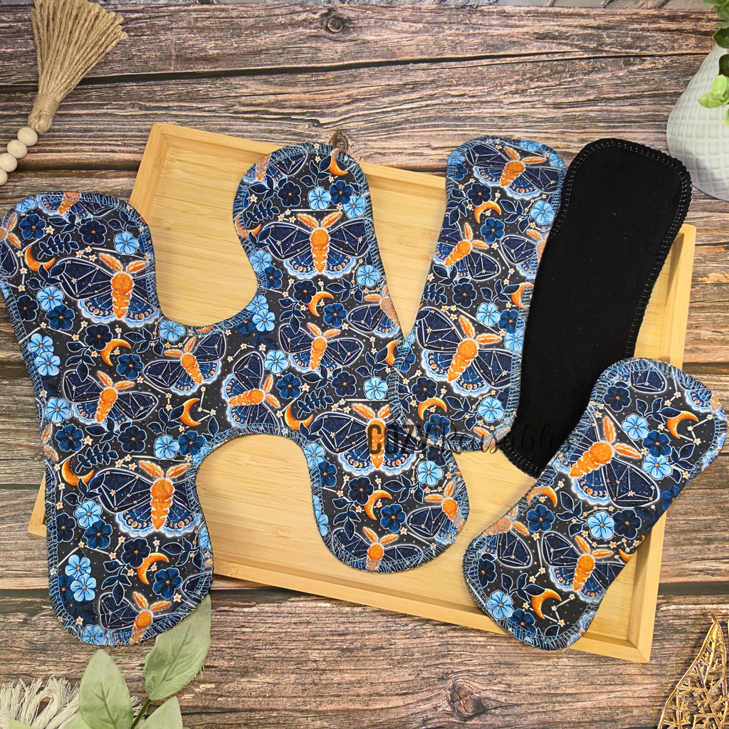 "Midnight Moth Glow" - NEW *H-STYLE* Snapless Cloth Pad - "Flip-to-Fresh" Liner Option! - Serged Edge