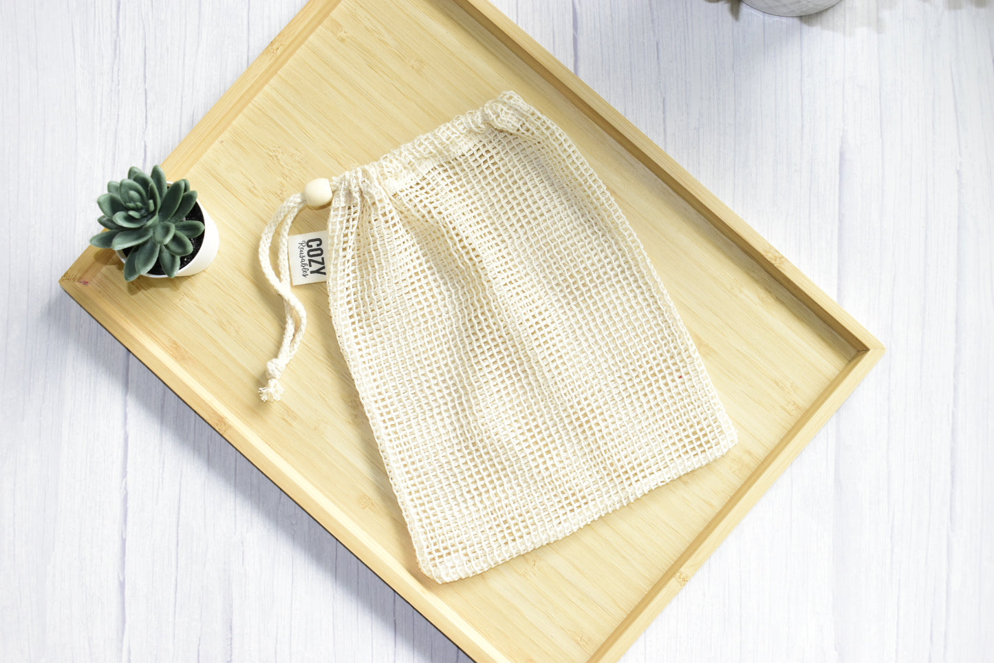 100% Cotton Produce Bags - Small & Large Drawstring Bag with Wooden Bead Closure