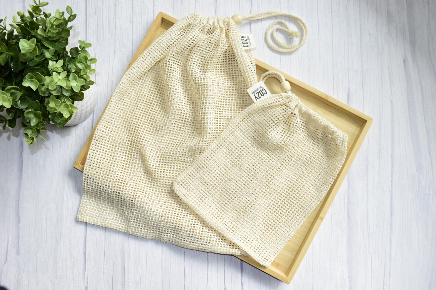 100% Cotton Produce Bags - Small & Large Drawstring Bag with Wooden Bead Closure