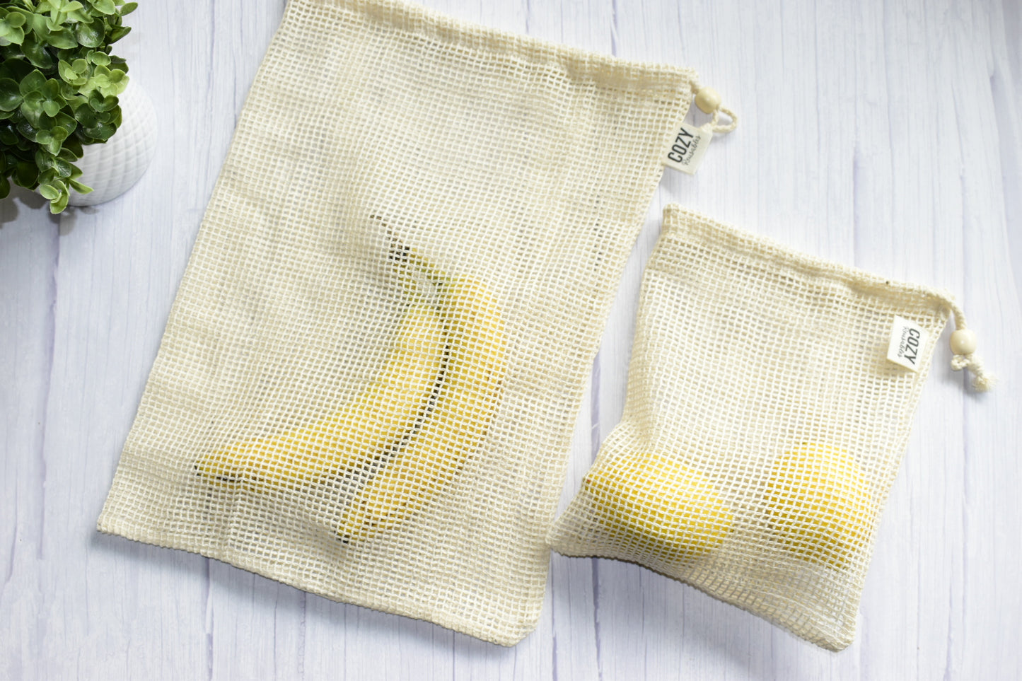 100% Cotton Produce Bags - Small & Large Drawstring Bag with Wooden Bead Closure