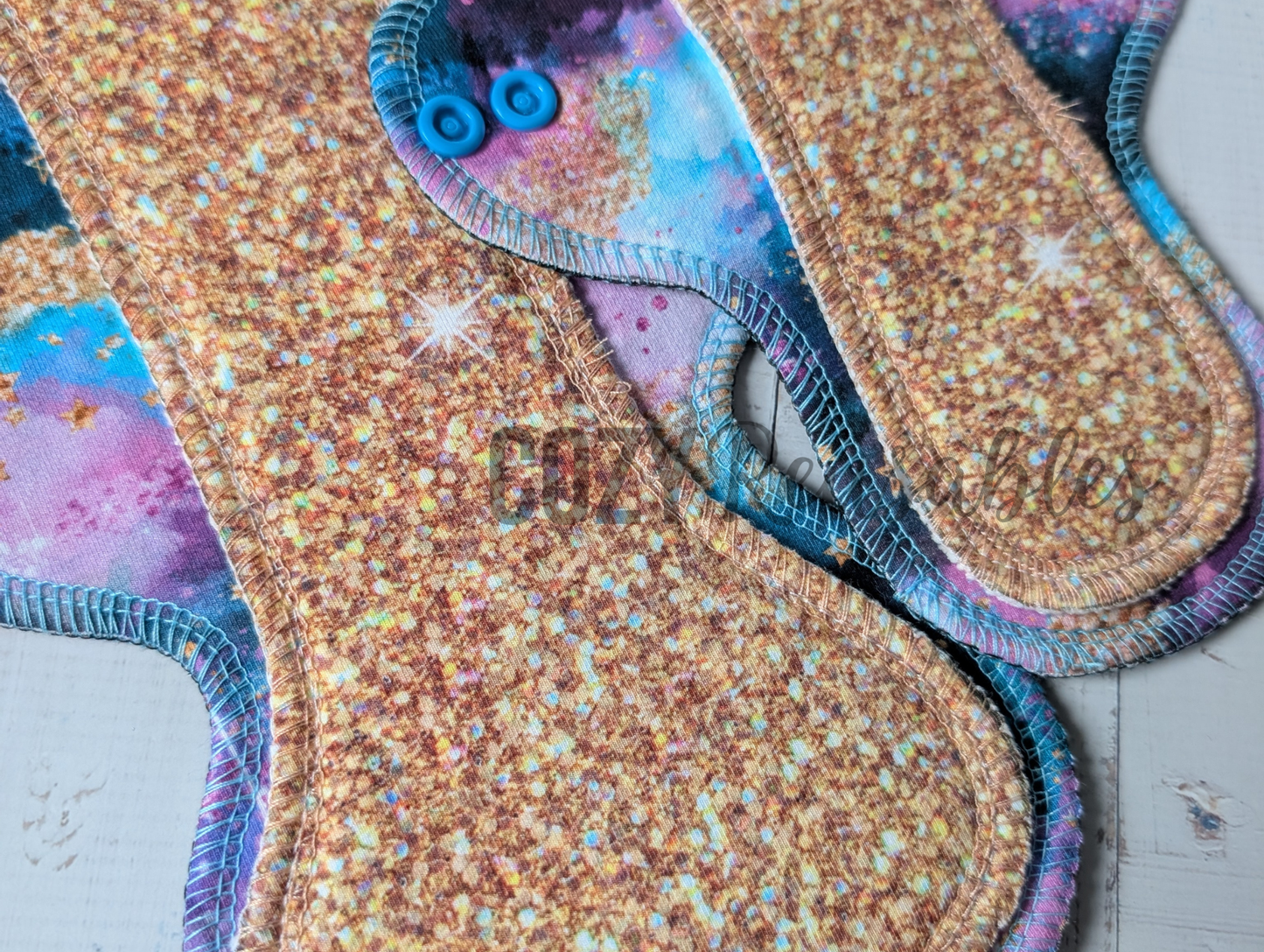 "Cosmic Golden Glitter" Exposed Core Serged Cloth Pad - Cotton French Terry and Cotton Spandex Toppers