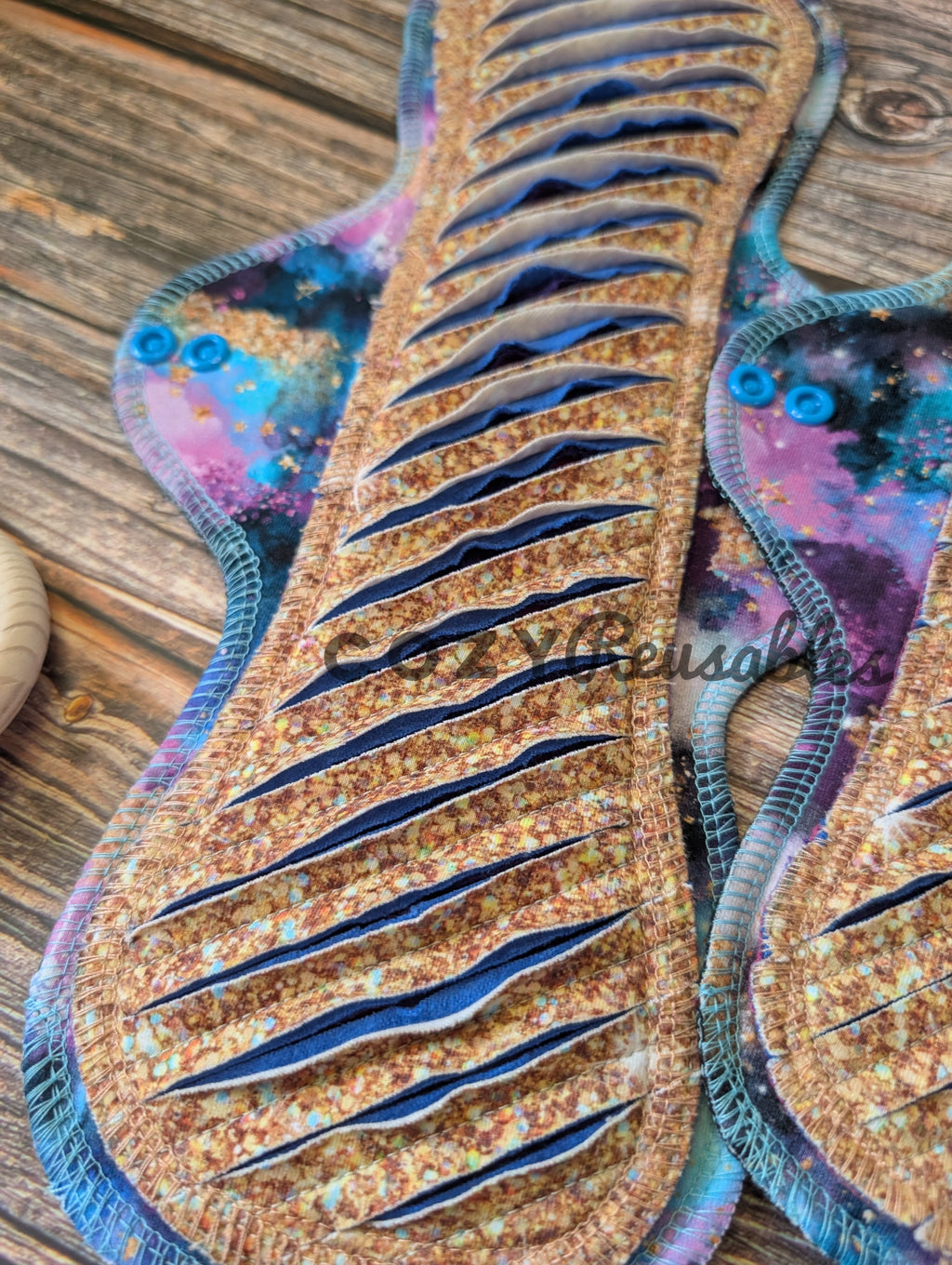 "Cosmic Gold" Exposed Core GUSHER Serged Cloth Pad - Cotton French Terry, Cotton Spandex & Flannel Toppers