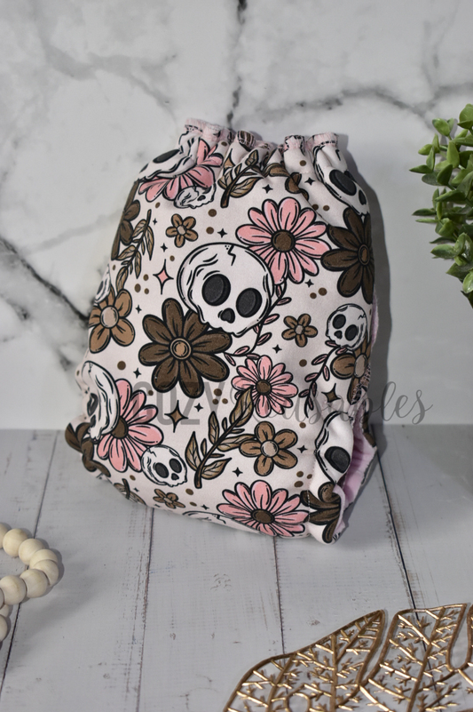 "Blush & Bones" *Larger Fit* Option • Cozy Caboose Snapless Fitted Cloth Diaper • 3 Piece System • Fold Down Rise • Cotton Spandex Outer, Organic Cotton Velour Inner, Hemp Core