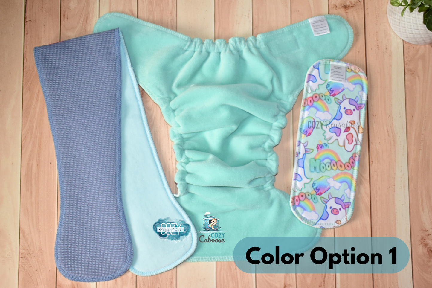 "Boo Cows" Cozy Caboose Snapless Fitted Cloth Diaper • 3 Piece System • Fold Down Rise • Cotton Spandex Outer, Organic Cotton Velour Inner, Hemp Core