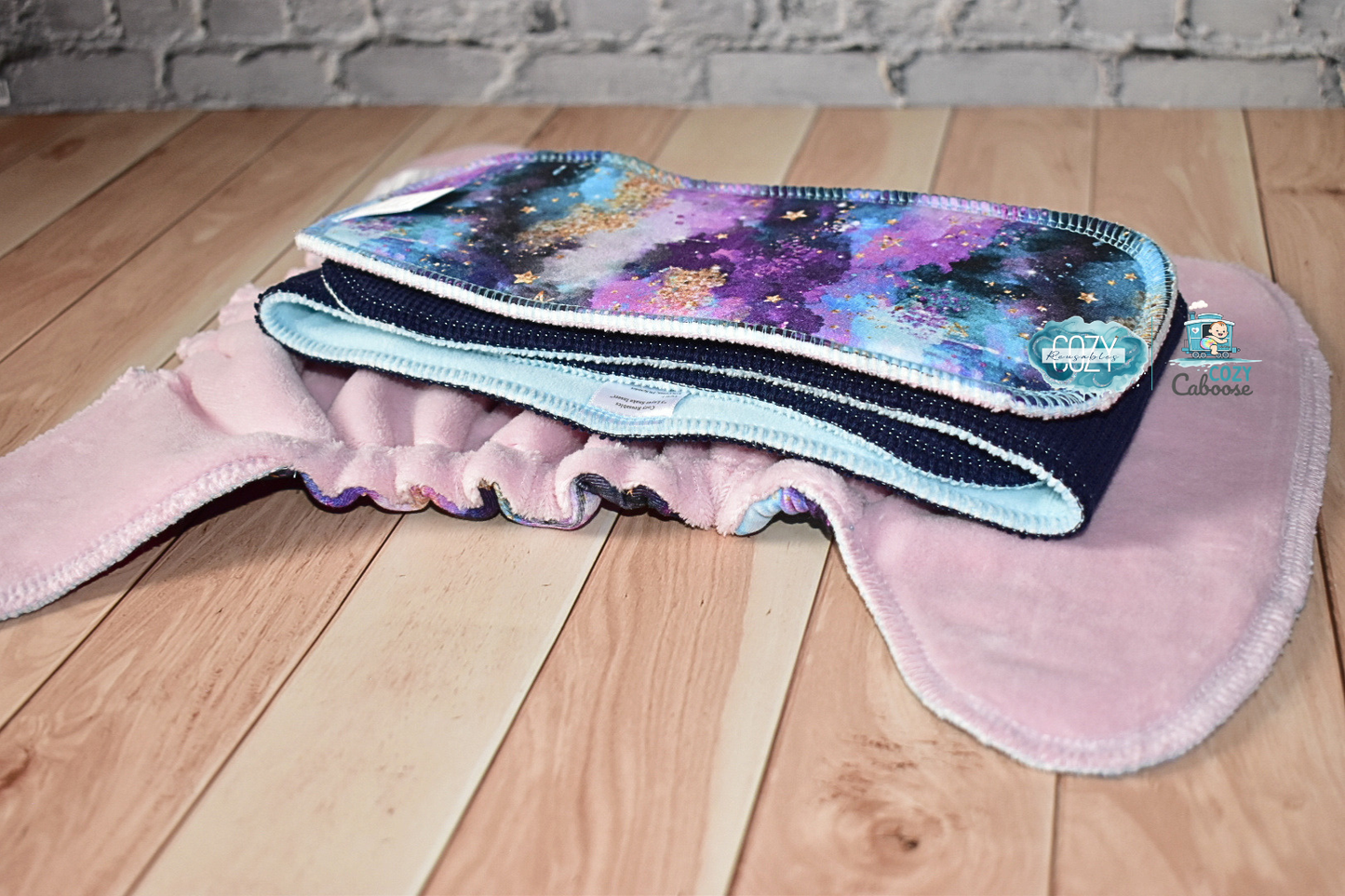 "Cosmic Nebula" Cozy Caboose Snapless Fitted Cloth Diaper • 3 Piece System • Fold Down Rise • Cotton Spandex Outer, Organic Cotton Velour Inner, Hemp Core