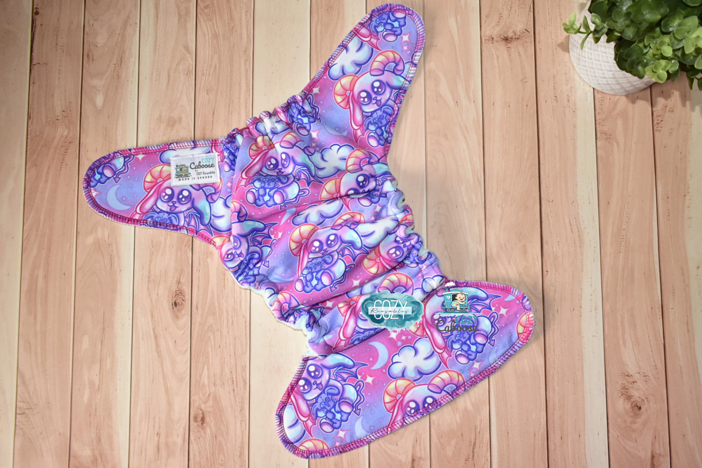 "Ultraviolet Baphomets" Cozy Caboose Snapless Fitted Cloth Diaper • 3 Piece System • Fold Down Rise • Cotton Spandex Outer, Organic Cotton Velour Inner, Hemp Core