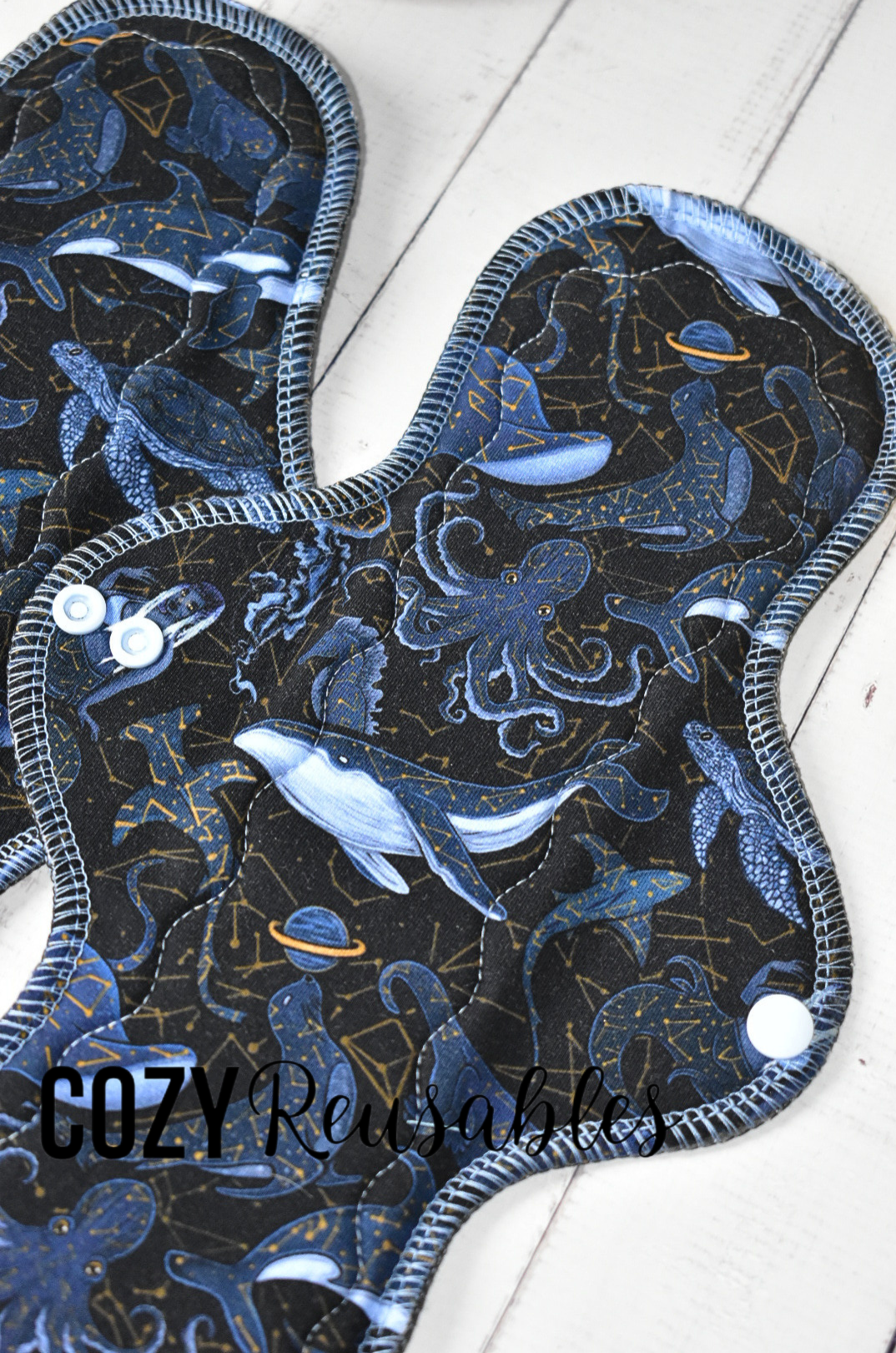 "Celestial Depths" Serged Cloth Pad •  Cotton Spandex Topper • Wavy Stitched Core