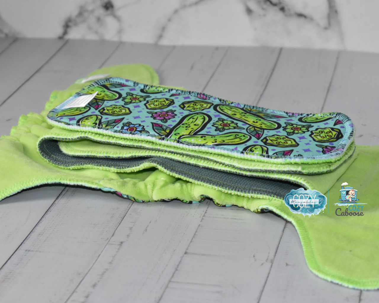 "Traditional Pickles" *Larger Fit* Cozy Caboose Snapless Fitted Cloth Diaper • 3 Piece System • Fold Down Rise • Cotton Spandex Outer, Organic Cotton Velour Inner, Hemp Core