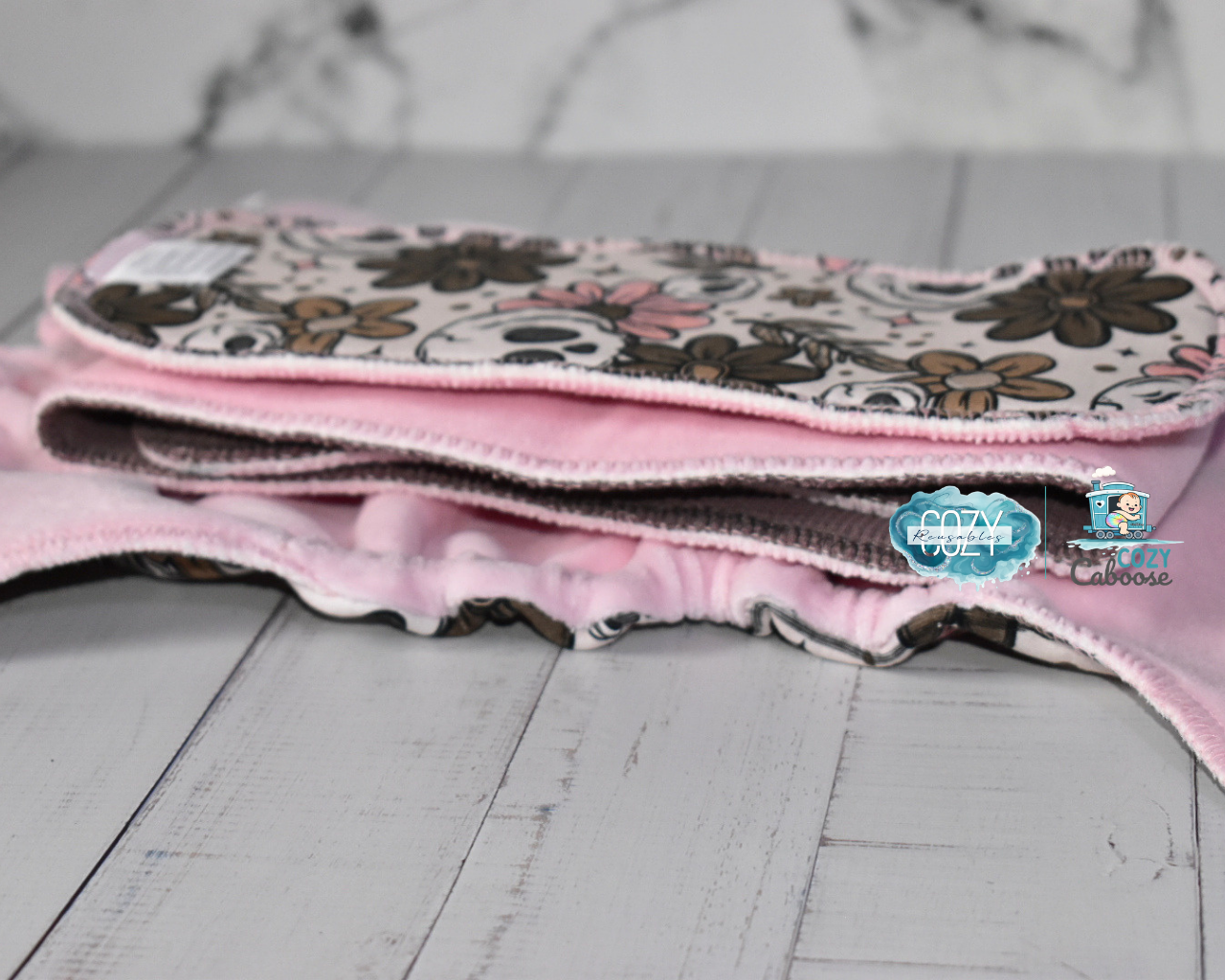 "Blush & Bones" *Larger Fit* Option • Cozy Caboose Snapless Fitted Cloth Diaper • 3 Piece System • Fold Down Rise • Cotton Spandex Outer, Organic Cotton Velour Inner, Hemp Core