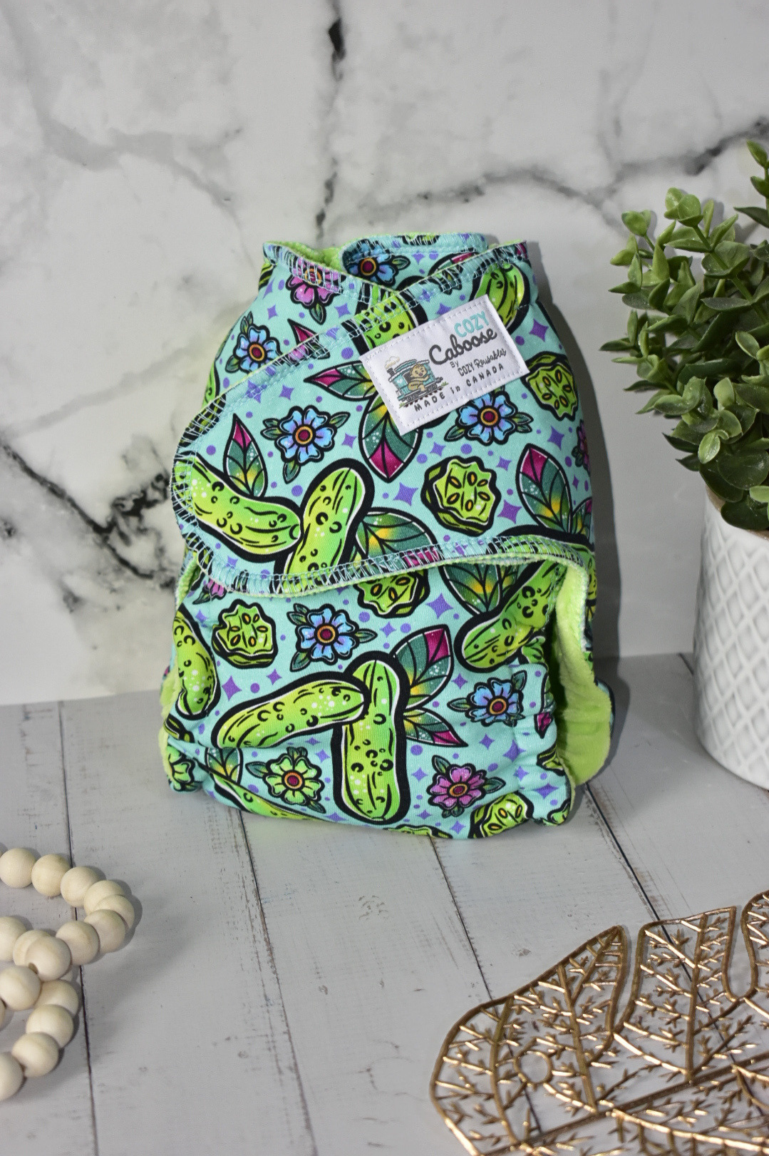 "Traditional Pickles" *Larger Fit* Cozy Caboose Snapless Fitted Cloth Diaper • 3 Piece System • Fold Down Rise • Cotton Spandex Outer, Organic Cotton Velour Inner, Hemp Core