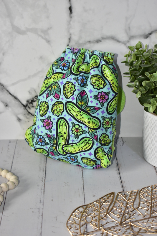 "Traditional Pickles" *Larger Fit* Cozy Caboose Snapless Fitted Cloth Diaper • 3 Piece System • Fold Down Rise • Cotton Spandex Outer, Organic Cotton Velour Inner, Hemp Core