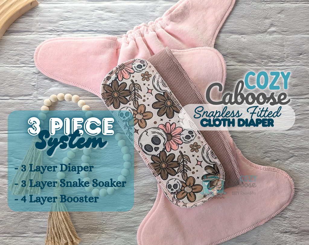 "Boo Cows" Cozy Caboose Snapless Fitted Cloth Diaper • 3 Piece System • Fold Down Rise • Cotton Spandex Outer, Organic Cotton Velour Inner, Hemp Core