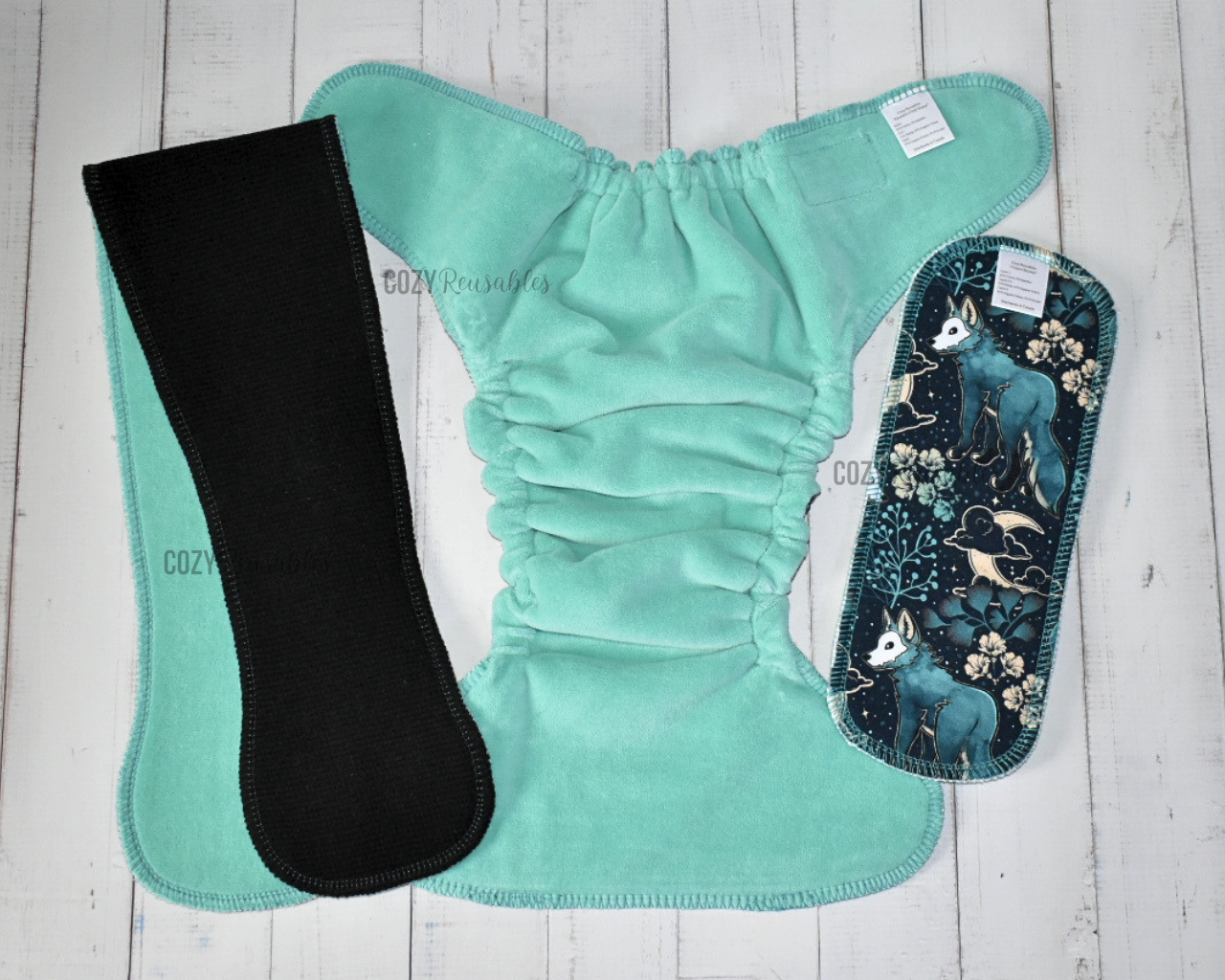 "Moonlit Meadow" Cozy Caboose Snapless Fitted Cloth Diaper • 3 Piece System • Fold Down Rise • Cotton Spandex Outer, Organic Cotton Velour Inner, Hemp Core