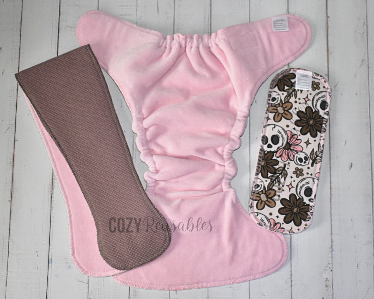 "Blush & Bones" *Larger Fit* Option • Cozy Caboose Snapless Fitted Cloth Diaper • 3 Piece System • Fold Down Rise • Cotton Spandex Outer, Organic Cotton Velour Inner, Hemp Core