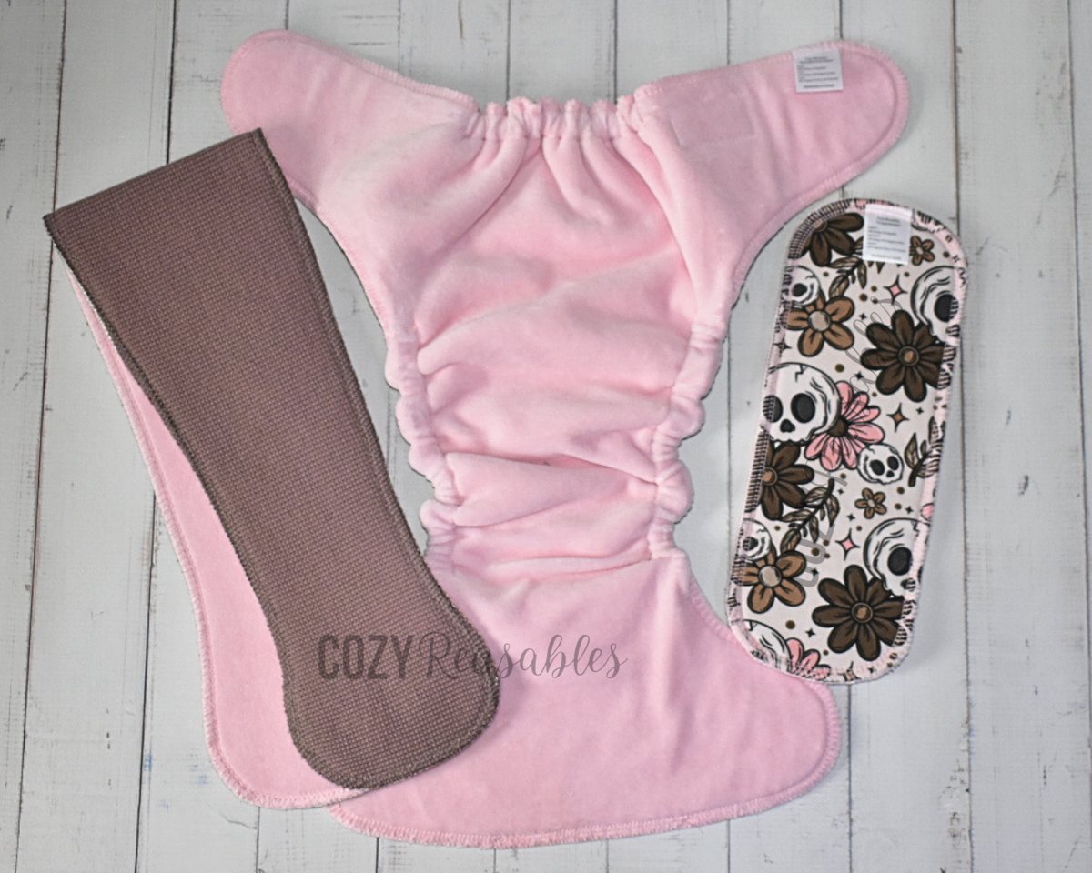 "Blush & Bones" *Larger Fit* Option • Cozy Caboose Snapless Fitted Cloth Diaper • 3 Piece System • Fold Down Rise • Cotton Spandex Outer, Organic Cotton Velour Inner, Hemp Core