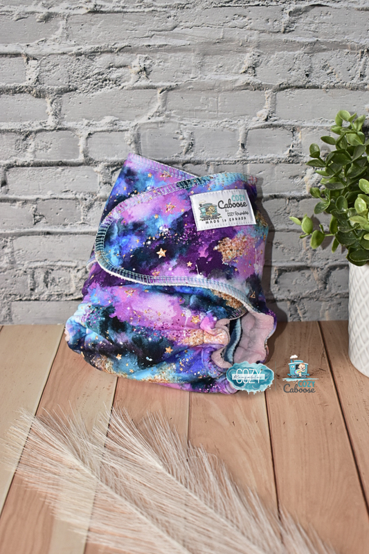 "Cosmic Nebula" Cozy Caboose Snapless Fitted Cloth Diaper • 3 Piece System • Fold Down Rise • Cotton Spandex Outer, Organic Cotton Velour Inner, Hemp Core