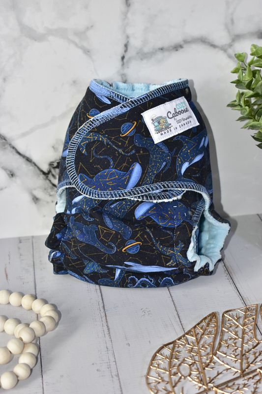"Celestial Depths" Cozy Caboose Snapless Fitted Cloth Diaper • 3 Piece System • Fold Down Rise • Cotton Spandex Outer, Organic Cotton Velour Inner, Hemp Core