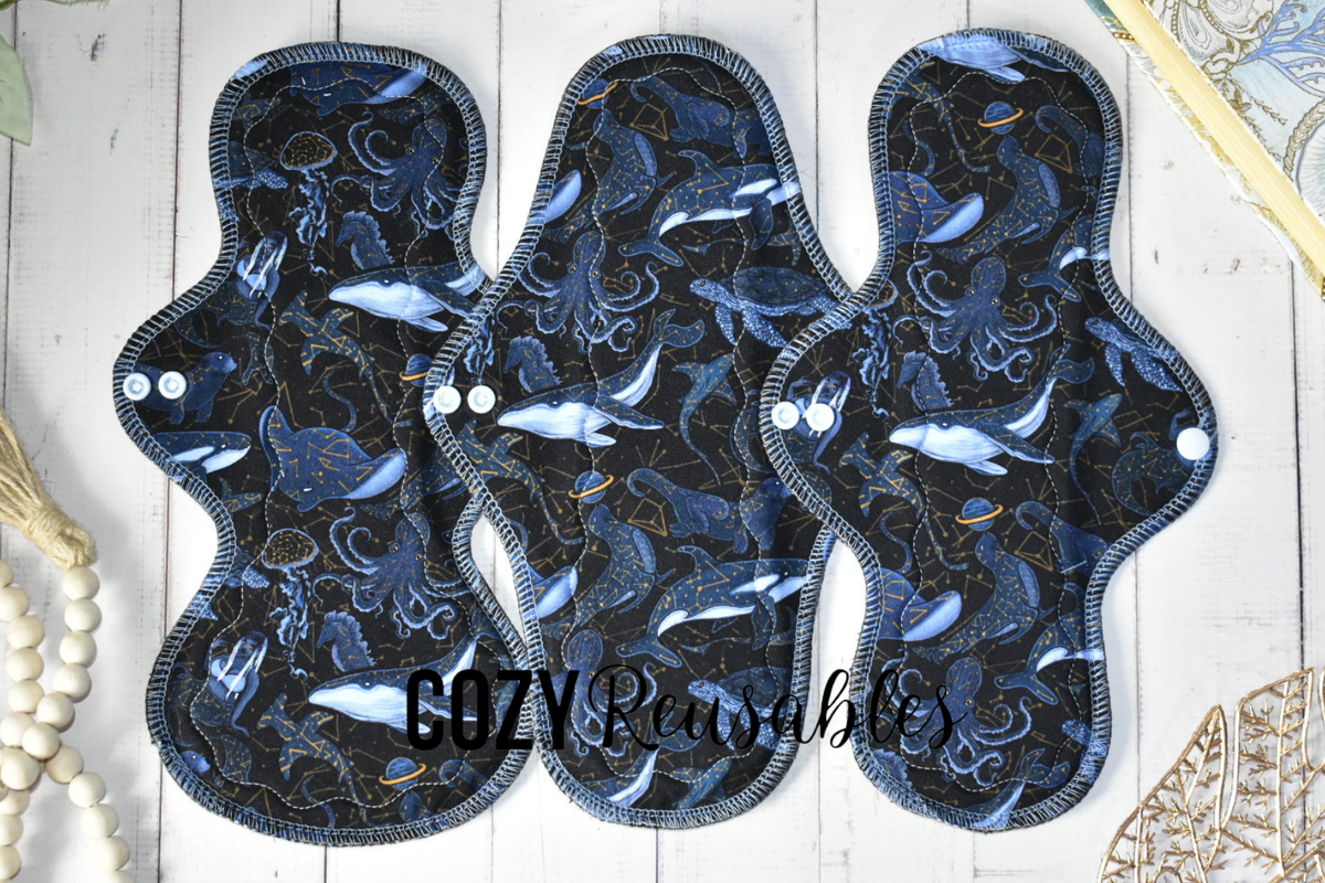 "Celestial Depths" Serged Cloth Pad •  Cotton Spandex Topper • Wavy Stitched Core