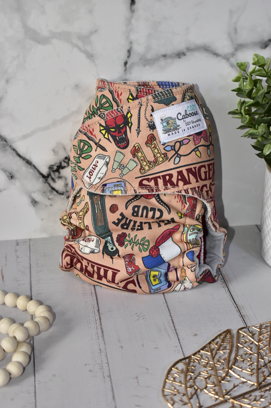 "Friends Don't Lie" Cozy Caboose Snapless Fitted Cloth Diaper • 3 Piece System • Fold Down Rise • Cotton Spandex Outer, Organic Cotton Velour Inner, Hemp Core