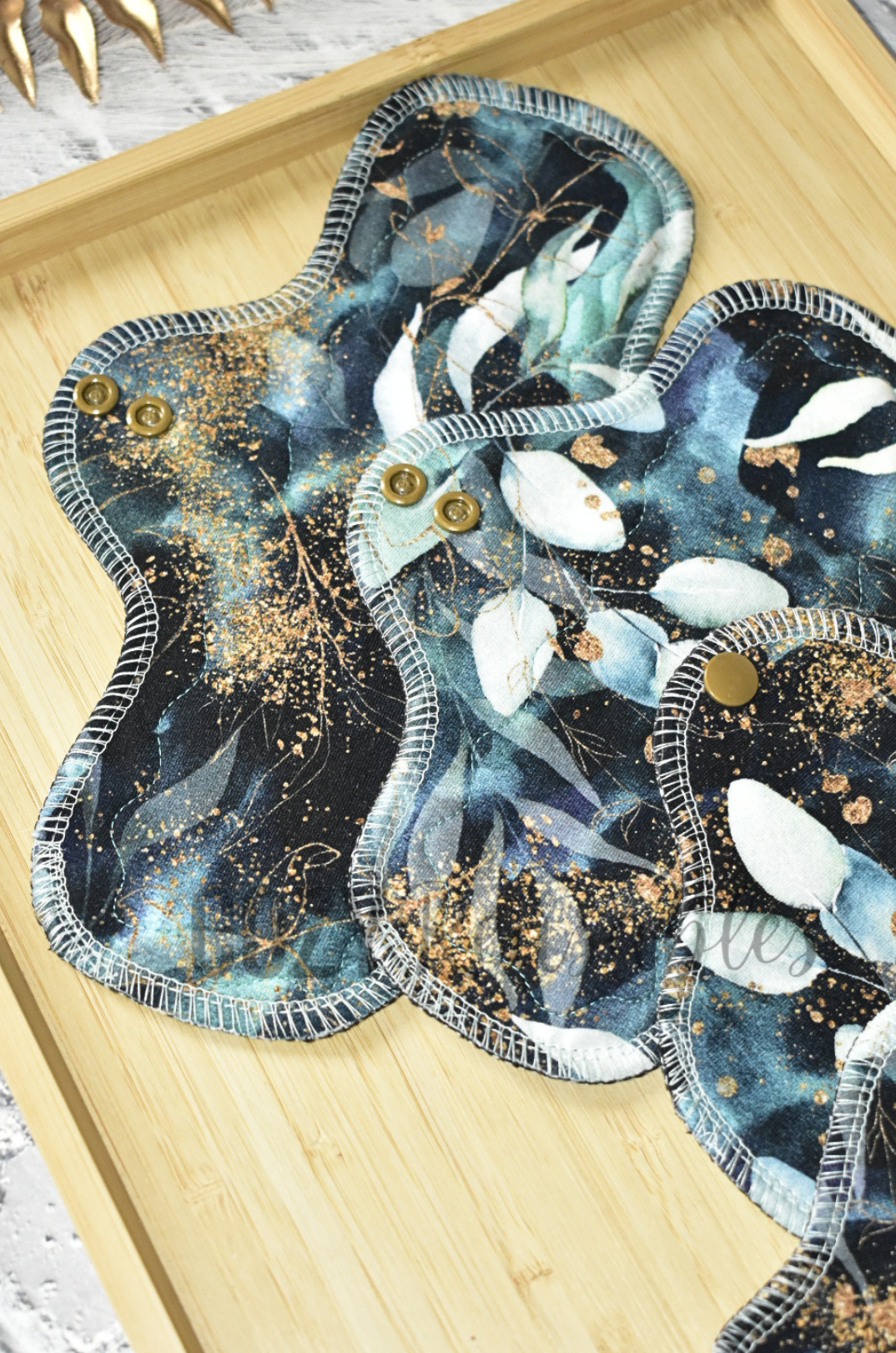 "Golden Botanicals" Serged Cloth Pad •  Cotton Spandex Topper • Wavy Stitched Core