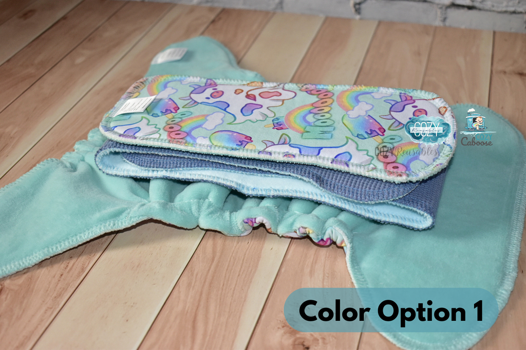 "Boo Cows" Cozy Caboose Snapless Fitted Cloth Diaper • 3 Piece System • Fold Down Rise • Cotton Spandex Outer, Organic Cotton Velour Inner, Hemp Core