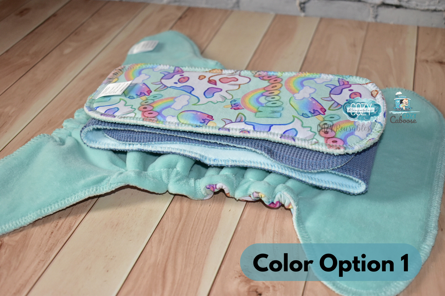 "Boo Cows" Cozy Caboose Snapless Fitted Cloth Diaper • 3 Piece System • Fold Down Rise • Cotton Spandex Outer, Organic Cotton Velour Inner, Hemp Core