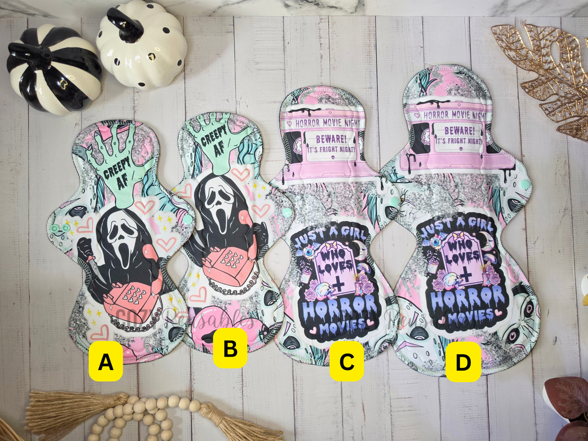 "Fright Night" *Mega Flare* Serged Cloth Pad *CHOOSE Your Print Placement!* •  Pique Topper• Wavy Stitched Core