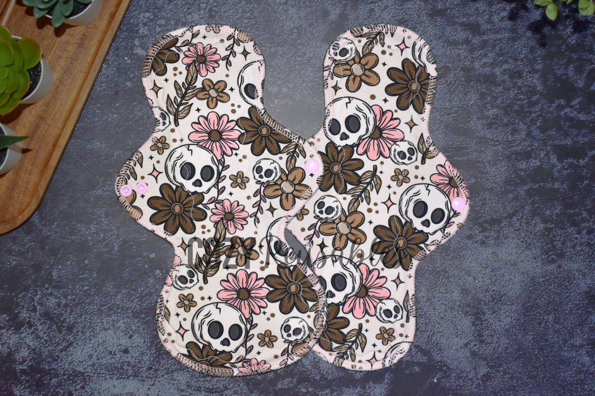 "Blush & Bones" Serged Cloth Pad •  Cotton Spandex Topper • Wavy Stitched Core
