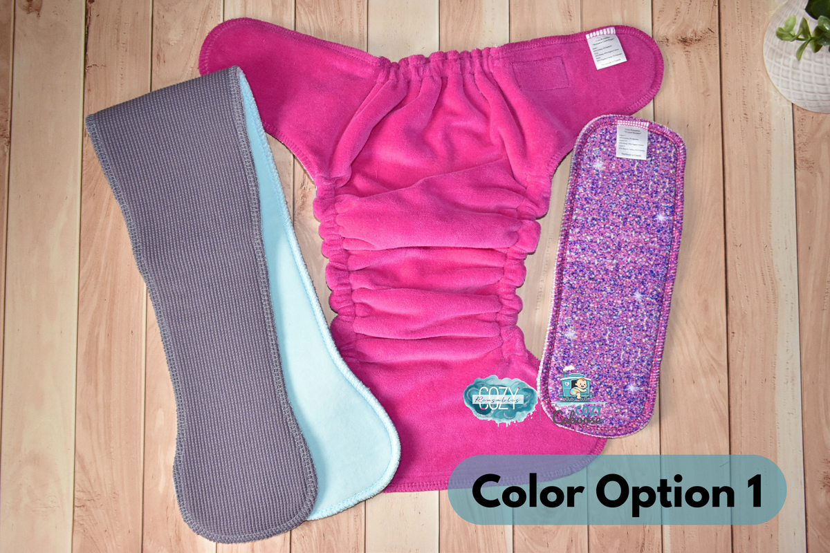 "Ultraviolet Baphomets" Cozy Caboose Snapless Fitted Cloth Diaper • 3 Piece System • Fold Down Rise • Cotton Spandex Outer, Organic Cotton Velour Inner, Hemp Core