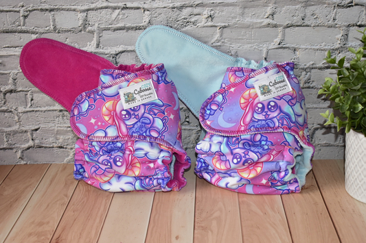 "Ultraviolet Baphomets" Cozy Caboose Snapless Fitted Cloth Diaper • 3 Piece System • Fold Down Rise • Cotton Spandex Outer, Organic Cotton Velour Inner, Hemp Core