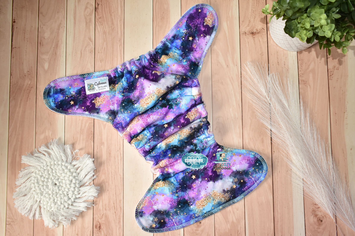 "Cosmic Nebula" Cozy Caboose Snapless Fitted Cloth Diaper • 3 Piece System • Fold Down Rise • Cotton Spandex Outer, Organic Cotton Velour Inner, Hemp Core