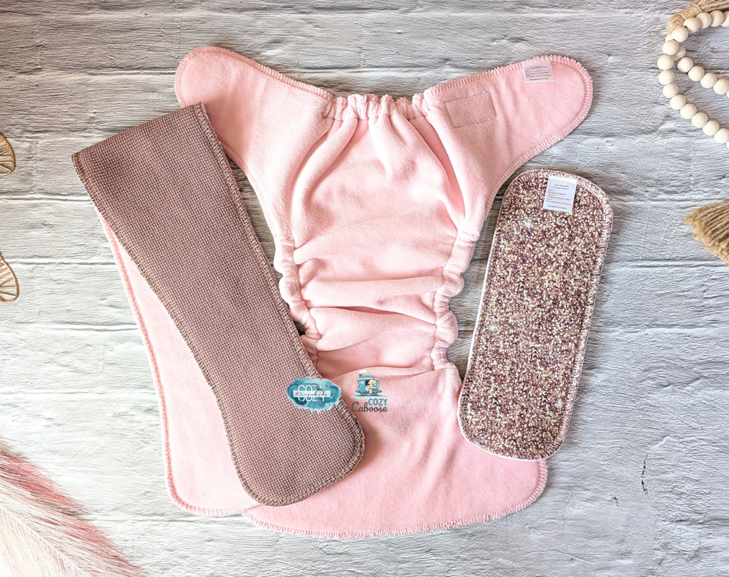 "Blush & Bones" *Larger Fit* Option • Cozy Caboose Snapless Fitted Cloth Diaper • 3 Piece System • Fold Down Rise • Cotton Spandex Outer, Organic Cotton Velour Inner, Hemp Core