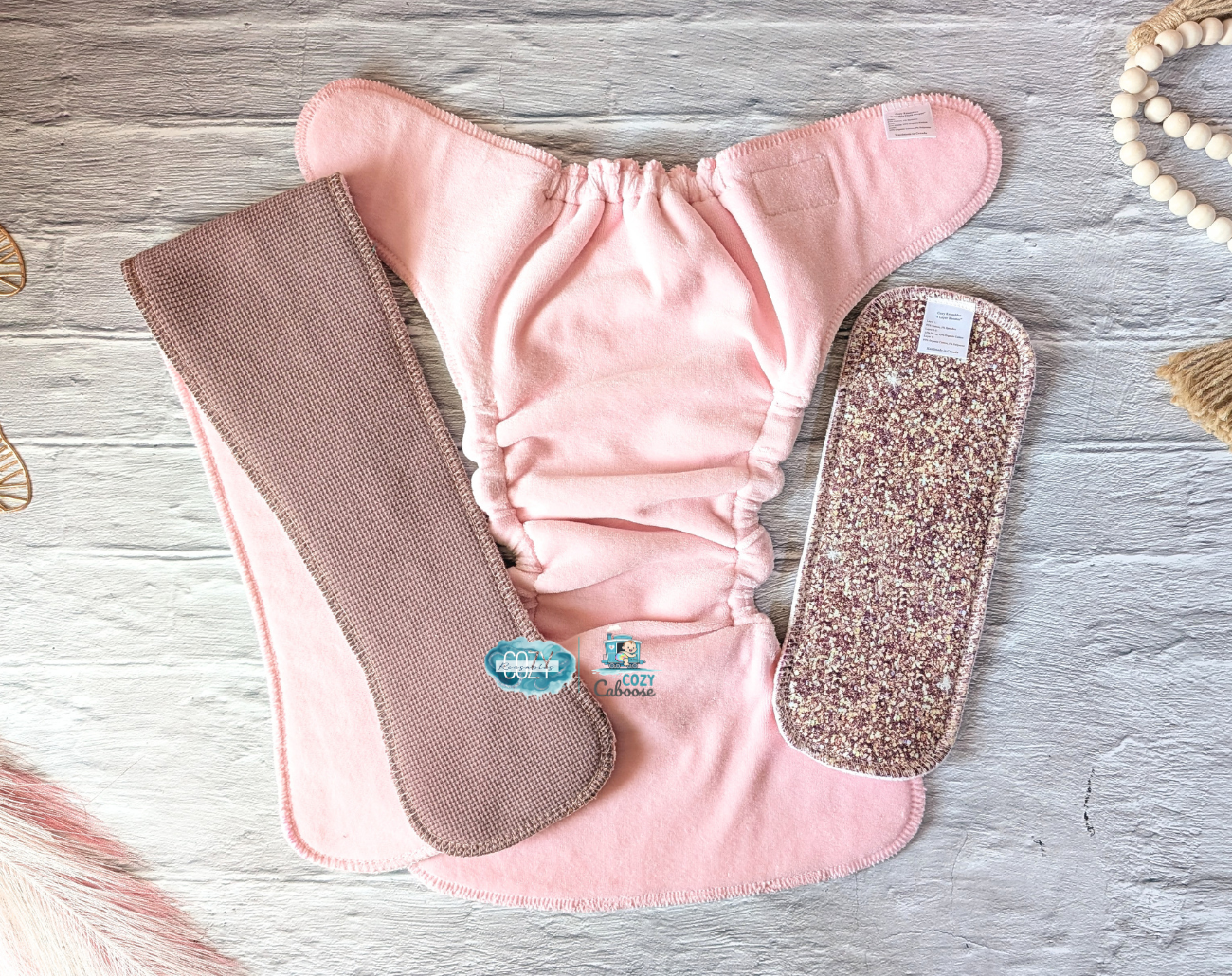 "Blush & Bones" *Larger Fit* Option • Cozy Caboose Snapless Fitted Cloth Diaper • 3 Piece System • Fold Down Rise • Cotton Spandex Outer, Organic Cotton Velour Inner, Hemp Core