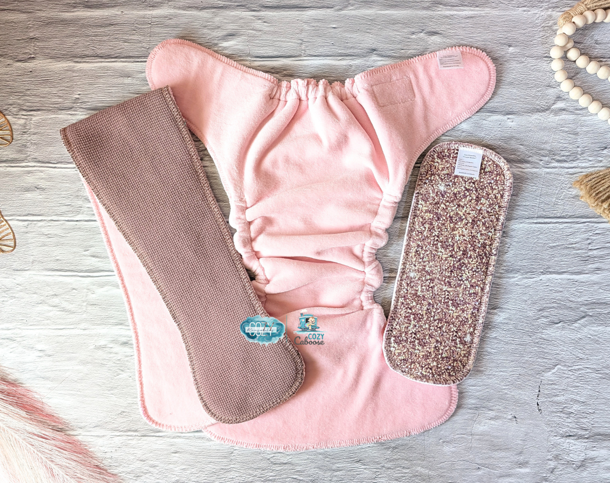 "Blush & Bones" *Larger Fit* Option • Cozy Caboose Snapless Fitted Cloth Diaper • 3 Piece System • Fold Down Rise • Cotton Spandex Outer, Organic Cotton Velour Inner, Hemp Core