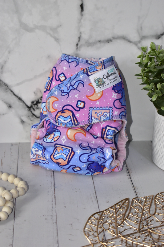 "Sunsoaked Wanderlust" Cozy Caboose Snapless Fitted Cloth Diaper • 3 Piece System • Fold Down Rise • Cotton Spandex Outer, Organic Cotton Velour Inner, Hemp Core